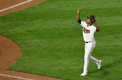 Jorge Alcala of the Minnesota Twins celebrates as he returns to the dugout after pitching against the Milwaukee Brewers. (Photo by Hannah Foslien/Getty Images)