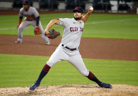 Brad Hand of the Cleveland Indians pitches in the ninth inning. (Photo by Justin K. Aller/Getty Images)