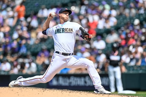 Josh Winder of American League Futures Team pitches against the National League Futures Team at Coors Field on July 11, 2021 in Denver, Colorado. (Photo by Dustin Bradford/Getty Images)