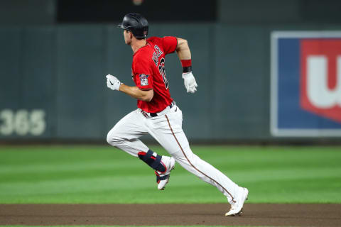 Max Kepler of the Minnesota Twins advances to second base after hitting a double against the Milwaukee Brewers in the fourth inning of the game at Target Field on August 27, 2021 in Minneapolis, Minnesota. The Twins defeated the Brewers 2-0. (Photo by David Berding/Getty Images)