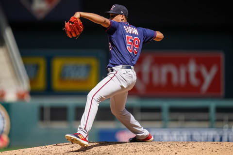 Jhoan Duran of the Minnesota Twins pitches during an intrasquad game on July 19, 2020 at Target Field in Minneapolis, Minnesota. (Photo by Brace Hemmelgarn/Minnesota Twins/Getty Images)