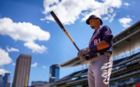 Trevor Larnach of the Minnesota Twins looks on during an intrasquad game on July 19, 2020. (Photo by Brace Hemmelgarn/Minnesota Twins/Getty Images)