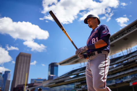 Trevor Larnach of the Minnesota Twins looks on during an intrasquad game on July 19, 2020. (Photo by Brace Hemmelgarn/Minnesota Twins/Getty Images)