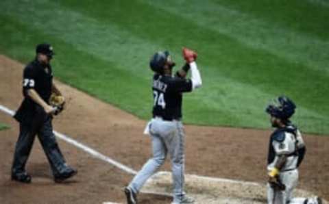 Eloy Jimenez of the Chicago White Sox celebrates a home run. (Photo by Stacy Revere/Getty Images)