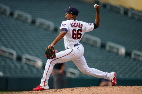 Jorge Alcala of the Minnesota Twins pitches against the Kansas City Royals. (Photo by Brace Hemmelgarn/Minnesota Twins/Getty Images)