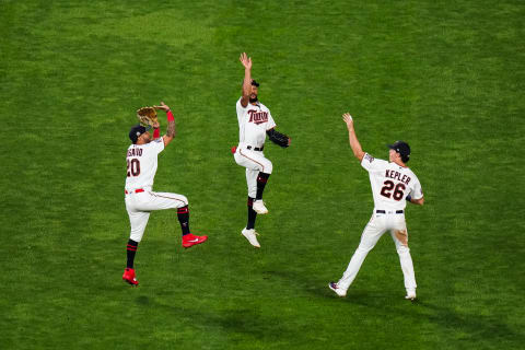 Eddie Rosario, Byron Buxton, and Max Kepler of the Minnesota Twins celebrate. (Photo by Brace Hemmelgarn/Minnesota Twins/Getty Images)