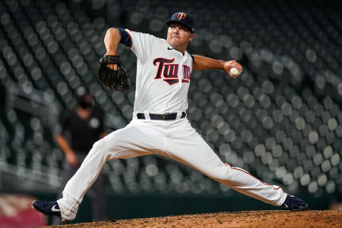 Caleb Thielbar of the Minnesota Twins pitches against the Milwaukee Brewers. (Photo by Brace Hemmelgarn/Minnesota Twins/Getty Images)