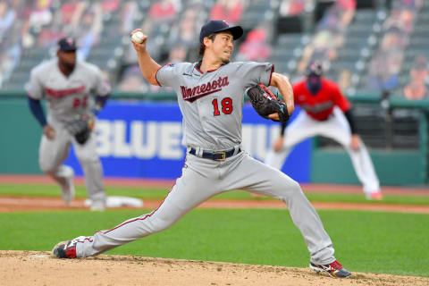 Starting pitcher Kenta Maeda of the Minnesota Twins pitches during the second inning against the Cleveland Indians. (Photo by Jason Miller/Getty Images)