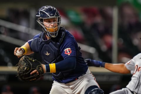 Ryan Jeffers of the Minnesota Twins throws against the Detroit Tigers. (Photo by Brace Hemmelgarn/Minnesota Twins/Getty Images)