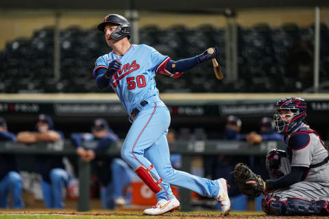 Brent Rooker of the Minnesota Twins bats against Cleveland. (Photo by Brace Hemmelgarn/Minnesota Twins/Getty Images)