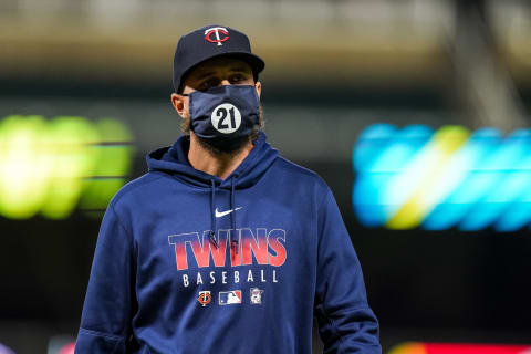 Manager Rocco Baldelli of the Minnesota Twins looks on against Cleveland. (Photo by Brace Hemmelgarn/Minnesota Twins/Getty Images)