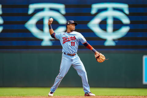 Jorge Polanco of the Minnesota Twins throws against the Cleveland Indians. (Photo by Brace Hemmelgarn/Minnesota Twins/Getty Images)