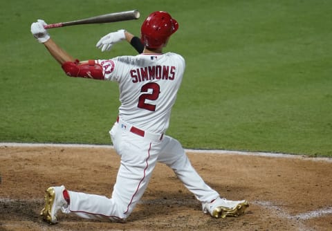 Andrelton Simmons of the Los Angeles Angels gets a hit against the Arizona Diamondbacks. (Photo by John McCoy/Getty Images)