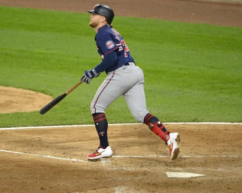 Travis Blankenhorn of the Minnesota Twins bats while making his Major League debut. (Photo by Ron Vesely/Getty Images)