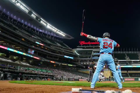 Josh Donaldson of the Minnesota Twins looks on against the Detroit Tigers. (Photo by Brace Hemmelgarn/Minnesota Twins/Getty Images)