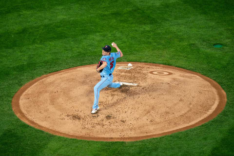 Kenta Maeda of the Minnesota Twins pitches against the Detroit Tigers. (Photo by Brace Hemmelgarn/Minnesota Twins/Getty Images)