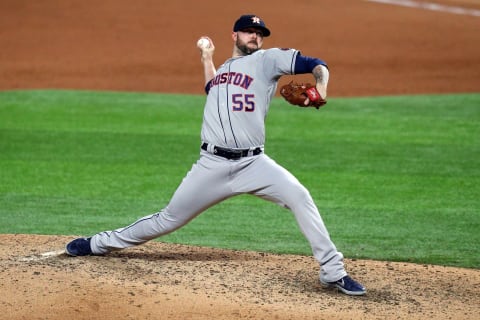 Former Minnesota Twins and Current Houston Astros pitcher Ryan Pressly pitches against the Texas Rangers. (Photo by Richard Rodriguez/Getty Images)