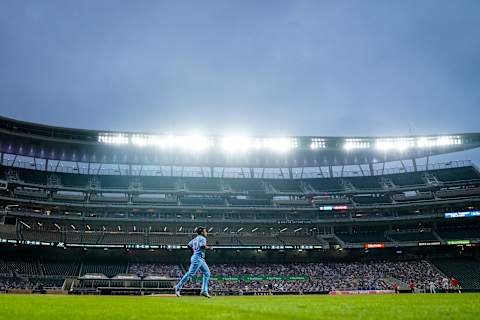 Jorge Polanco of the Minnesota Twins warms up prior to the game against the Cincinnati Reds. (Photo by Brace Hemmelgarn/Minnesota Twins/Getty Images)