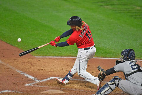 Jose Ramirez of Cleveland hits a foul ball during the third inning of Game Two of the American League Wild Card Series. (Photo by Jason Miller/Getty Images)