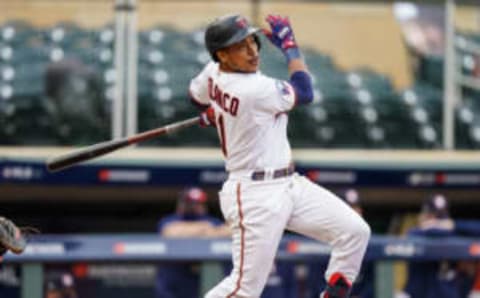 Jorge Polanco of the Minnesota Twins bats during game one of the Wild Card Series. (Photo by Brace Hemmelgarn/Minnesota Twins/Getty Images)