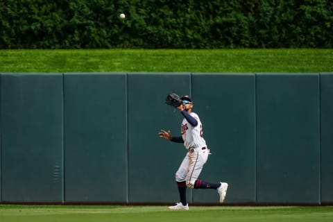 Byron Buxton of the Minnesota Twins fields during game one of the Wild Card Series (Photo by Brace Hemmelgarn/Minnesota Twins/Getty Images)