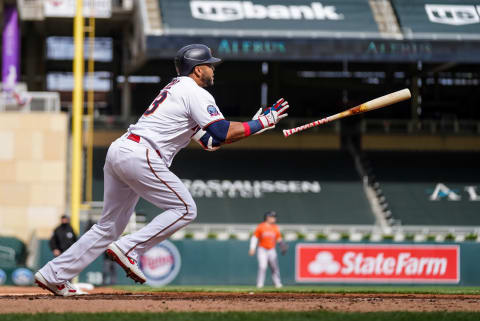 Nelson Cruz of the Minnesota Twins bats and hits a double during game one of the Wild Card Series. (Photo by Brace Hemmelgarn/Minnesota Twins/Getty Images)