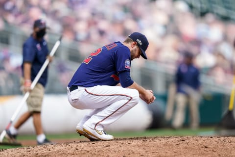 Jake Odorizzi of the Minnesota Twins looks on following game two of the Wild Card Series. (Photo by Brace Hemmelgarn/Minnesota Twins/Getty Images)