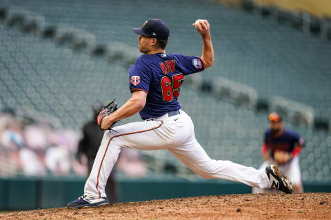 Trevor May of the Minnesota Twins pitches during game two of the Wild Card Series. (Photo by Brace Hemmelgarn/Minnesota Twins/Getty Images)