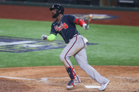 Marcell Ozuna of the Atlanta Braves flies out against the Los Angeles Dodgers. (Photo by Ronald Martinez/Getty Images)