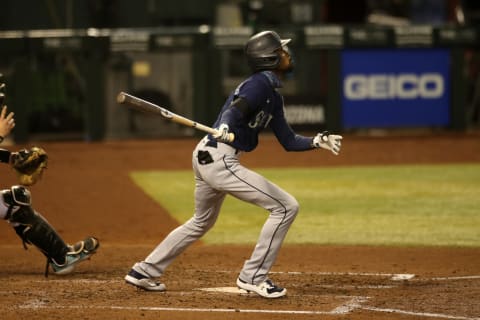 Dee Strange-Gordon of the Seattle Mariners bats during the game against the Arizona Diamondbacks. (Photo by Rob Leiter/MLB Photos via Getty Images)