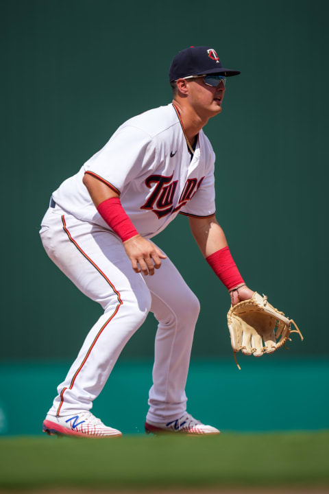 Jose Miranda of the Minnesota Twins fields during a spring training game against the Tampa Bay Rays. (Photo by Brace Hemmelgarn/Minnesota Twins/Getty Images)