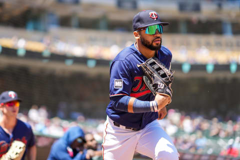 Gilberto Celestino of the Minnesota Twins looks on against the Cincinnati Reds. (Photo by Brace Hemmelgarn/Minnesota Twins/Getty Images)