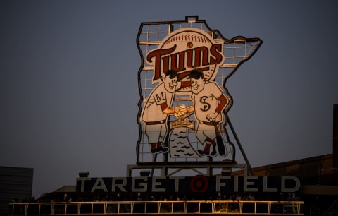 Sunlight falls over a logo in center field during the game between the Los Angeles Angels and Minnesota Twins at Target Field on July 24, 2021 in Minneapolis, Minnesota. (Photo by Stephen Maturen/Getty Images)