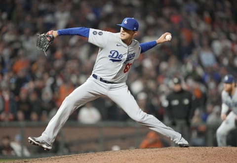 Andrew Vasquez pitches against the San Francisco Giants in the bottom of the 10th inning at Oracle Park. (Photo by Thearon W. Henderson/Getty Images)