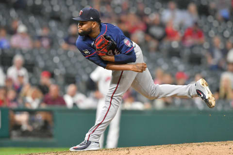 Closing pitcher Alex Colome of the Minnesota Twins pitches during the ninth inning against the Cleveland Indians at Progressive Field on September 07, 2021 in Cleveland, Ohio. The Twins defeated the Indians 3-0. (Photo by Jason Miller/Getty Images)