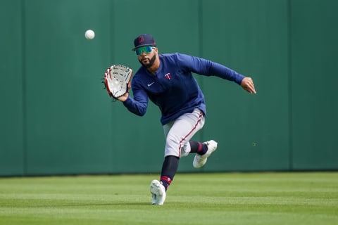 Gilberto Celestino of the Minnesota Twins fields during a team workout. (Photo by Brace Hemmelgarn/Minnesota Twins/Getty Images)