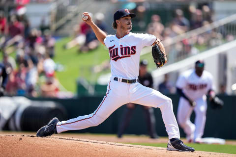 Joe Ryan of the Minnesota Twins pitches during a spring training game against the Atlanta Braves. (Photo by Brace Hemmelgarn/Minnesota Twins/Getty Images)