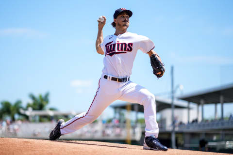 Joe Ryan of the Minnesota Twins pitches during a spring training game against the Atlanta Braves. (Photo by Brace Hemmelgarn/Minnesota Twins/Getty Images)