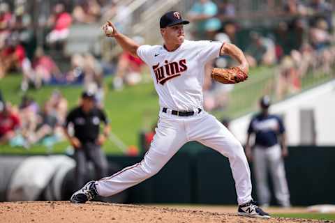 Cole Sands of the Minnesota Twins pitches during a spring training game against the Atlanta Braves. (Photo by Brace Hemmelgarn/Minnesota Twins/Getty Images)