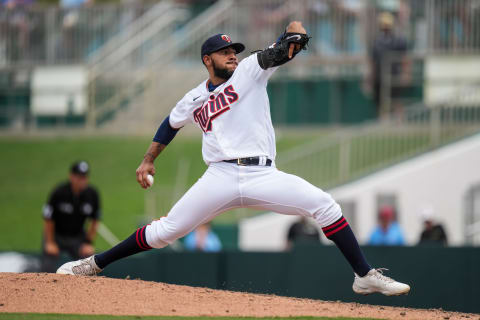 Simeon Woods Richardson of the Minnesota Twins pitches during a spring training game against the Boston Red Sox. (Photo by Brace Hemmelgarn/Minnesota Twins/Getty Images)