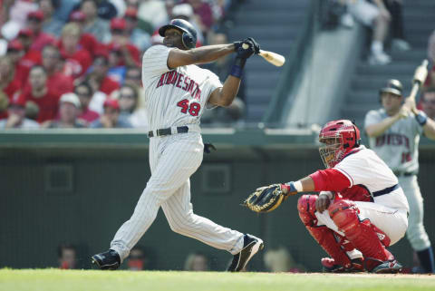 ANAHEIM, CA – OCTOBER 13: Torii Hunter #48 of the Minnesota Twins hits against the Anaheim Angels in Game five of the American League Championship Series on October 13, 2002 at Edison International Field in Anaheim, California. The Angels defeated the Twins 13-5 and won the Series 4-1 to advance to the World Series. (Photo by Brian Bahr/Getty Images)