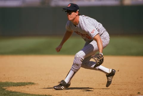 Gene Larkin of the Minnesota Twins moves for the ball during a game in the 1988 season. (Photo by: Otto Greule Jr/Getty Images)