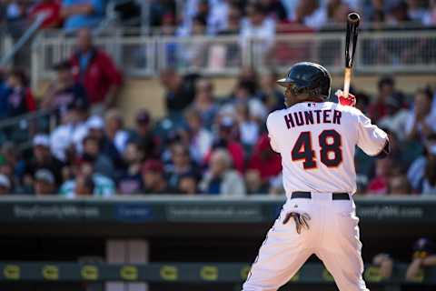 Torii Hunter of the Minnesota Twins bats against the Los Angeles Angels. (Photo by Brace Hemmelgarn/Minnesota Twins/Getty Images)