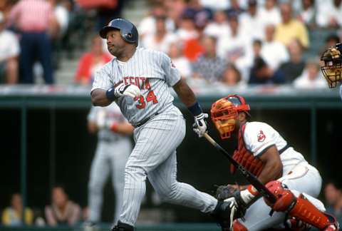 Outfielder Kirby Puckett of the Minnesota Twins bats against the Cleveland Indians. (Photo by Focus on Sport/Getty Images)