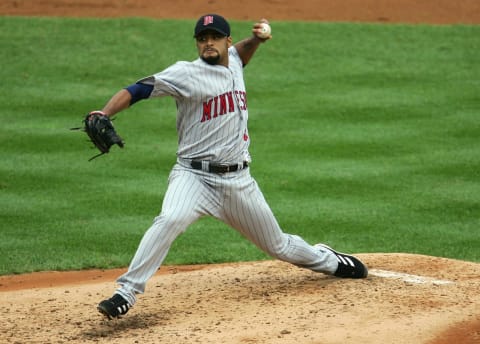 NEW YORK – SEPTEMBER 29: Johan Santana #57 of the Minnesota Twins pitches against the New York Yankees during the first game of a double-header September 29, 2004 at Yankee Stadium in the Bronx, New York. (Photo by Al Bello/Getty Images)