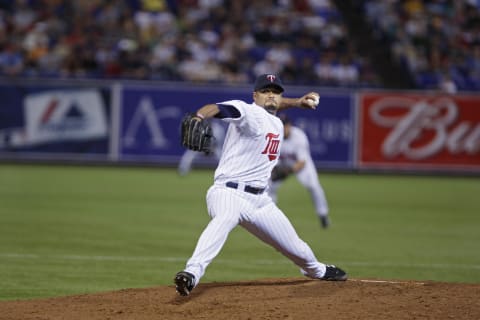 Johan Santana of the Minnesota Twins pitches in a game against the Texas Rangers. (Photo by Bruce Kluckhohn/MLB Photos via Getty Images)