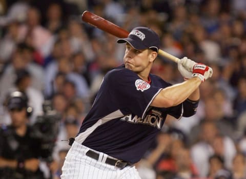 NEW YORK – JULY 14: Justin Morneau #33 bats during the 2008 MLB All-Star State Farm Home Run Derby at Yankee Stadium on July 14, 2008 in the Bronx borough of New York City. (Photo by: Jim McIsaac/Getty Images)