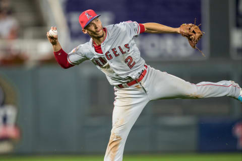 Andrelton Simmons of the Los Angeles Angels throws against the Minnesota Twins. (Photo by Brace Hemmelgarn/Minnesota Twins/Getty Images)