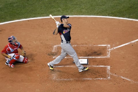 ST LOUIS, MO – JULY 13: American League All-Star Joe Mauer of the Minnesota Twins competes in the State Farm Home Run Derby at Busch Stadium on July 13, 2009 in St. Louis, Missouri. (Photo by Dilip Vishwanat/Getty Images)