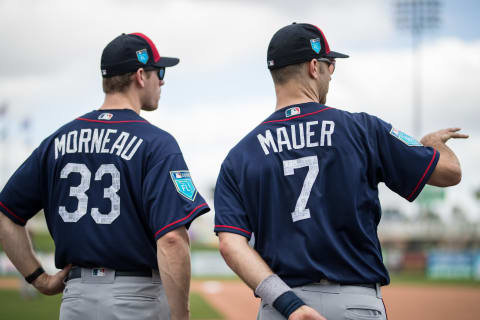 Special assistant Justin Morneau and Joe Mauer of the Minnesota Twins. (Photo by Brace Hemmelgarn/Minnesota Twins/Getty Images)